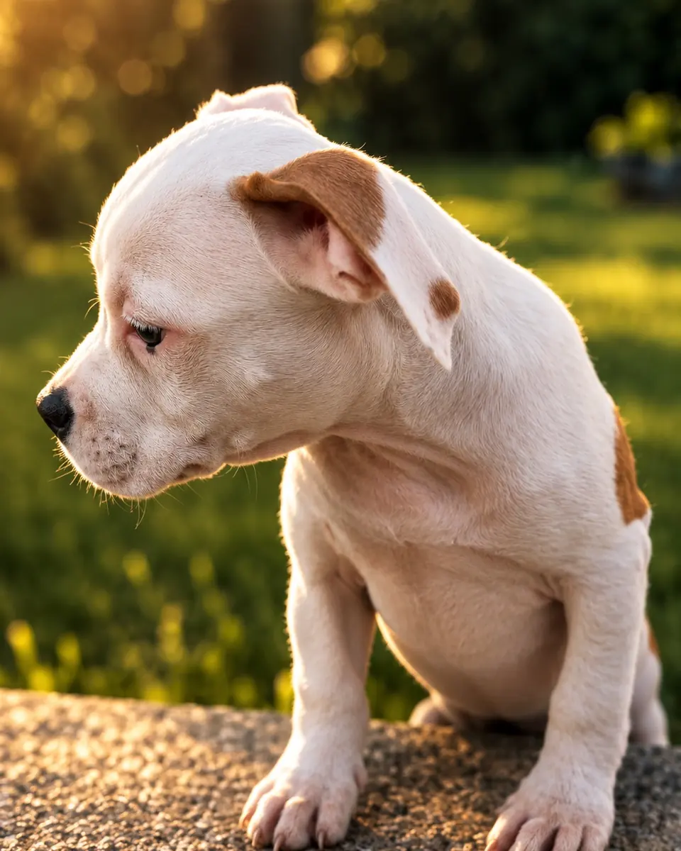 Brienne, chiot, assise sur un muret dans la lumière du soir.