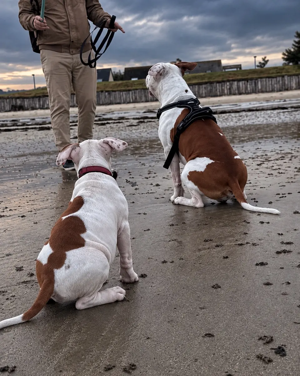 Asgard et Brienne assis côte à côte sur la plage, attentifs, pendant une séance d’apprentissage.